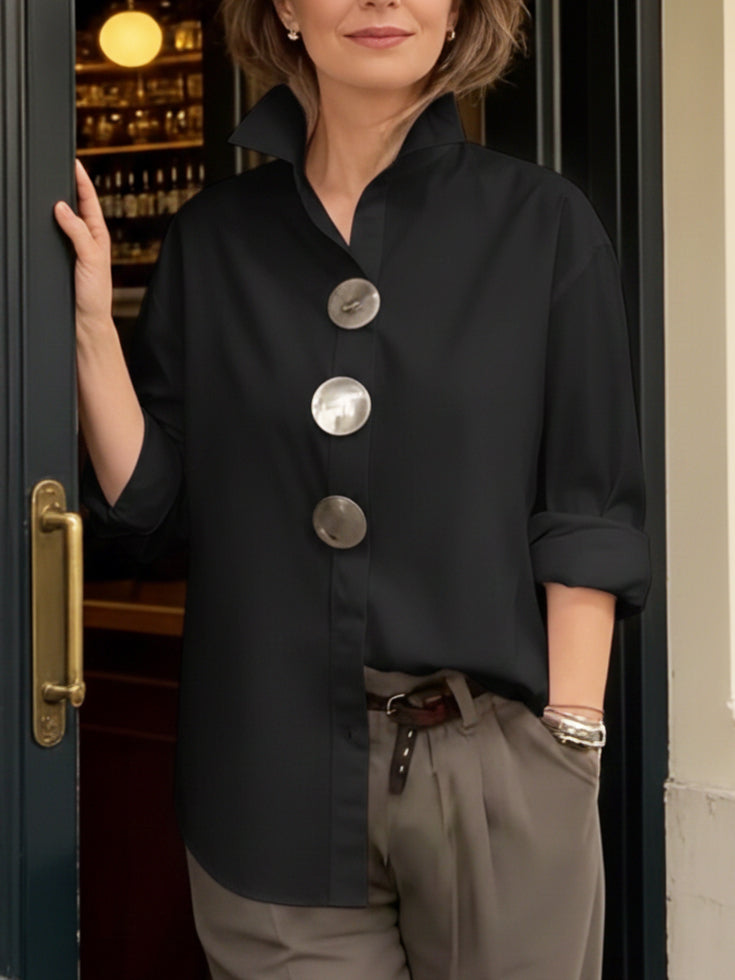 Estefanía - Elegante blusa de lino y algodón con botones metálicos