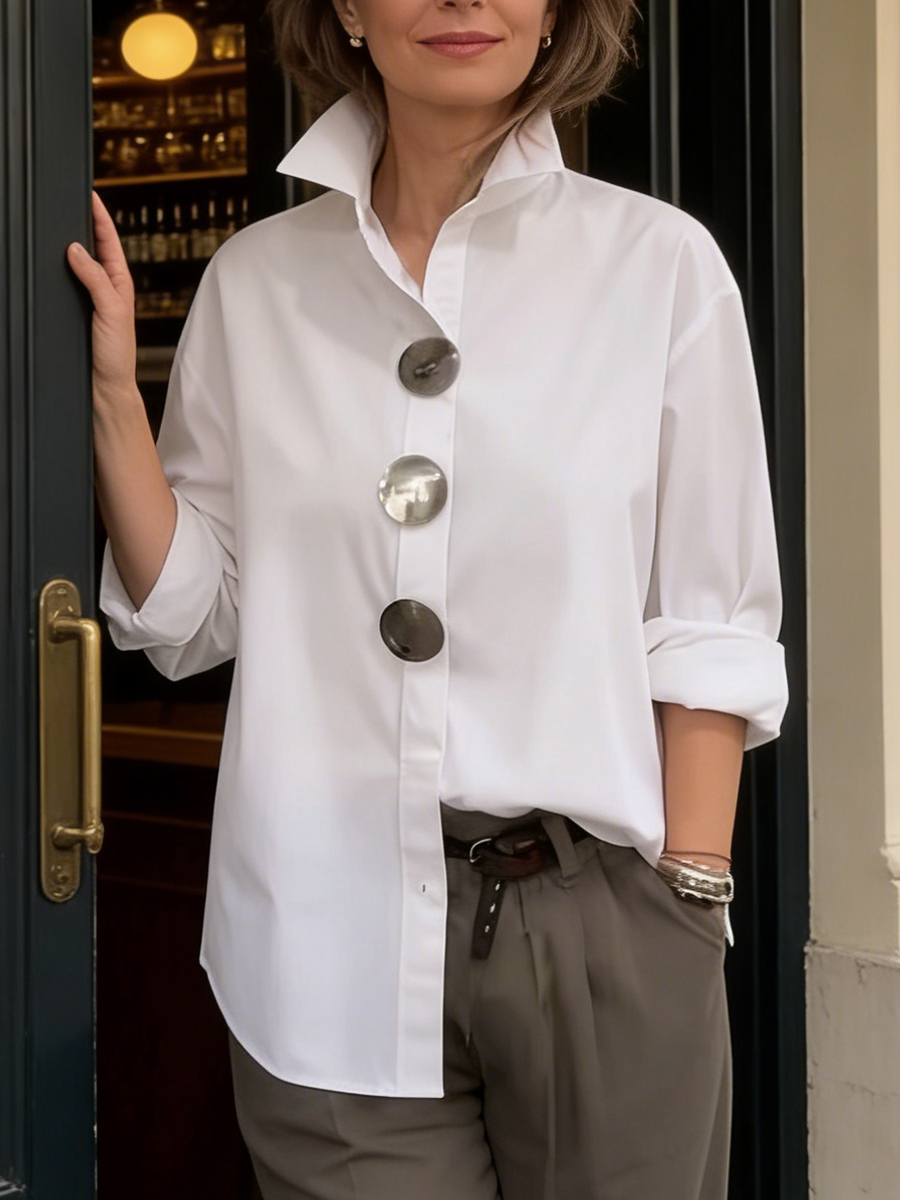 Estefanía - Elegante blusa de lino y algodón con botones metálicos