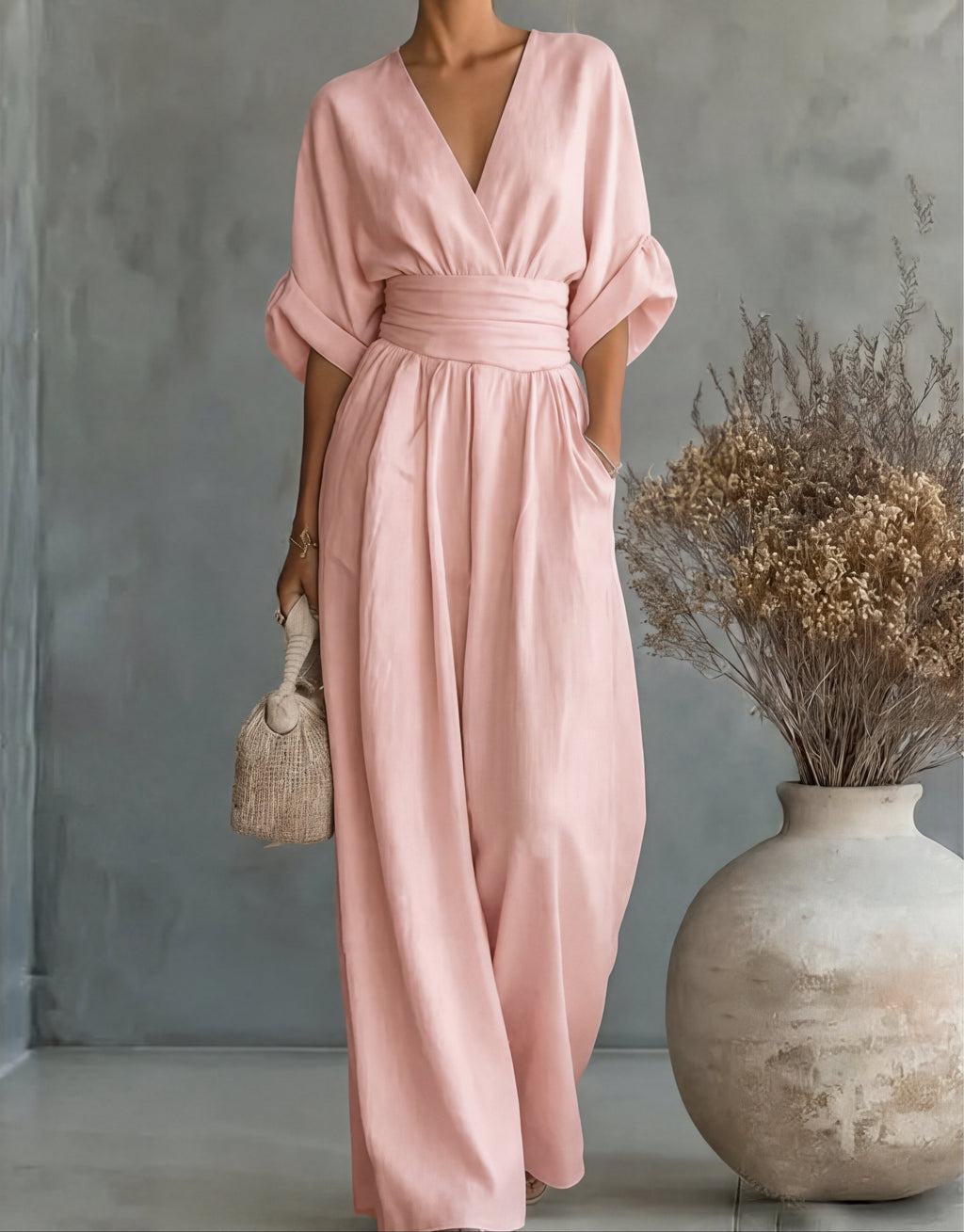 Daniela – Mono Elegante Cuello V con Pantalón Palazzo