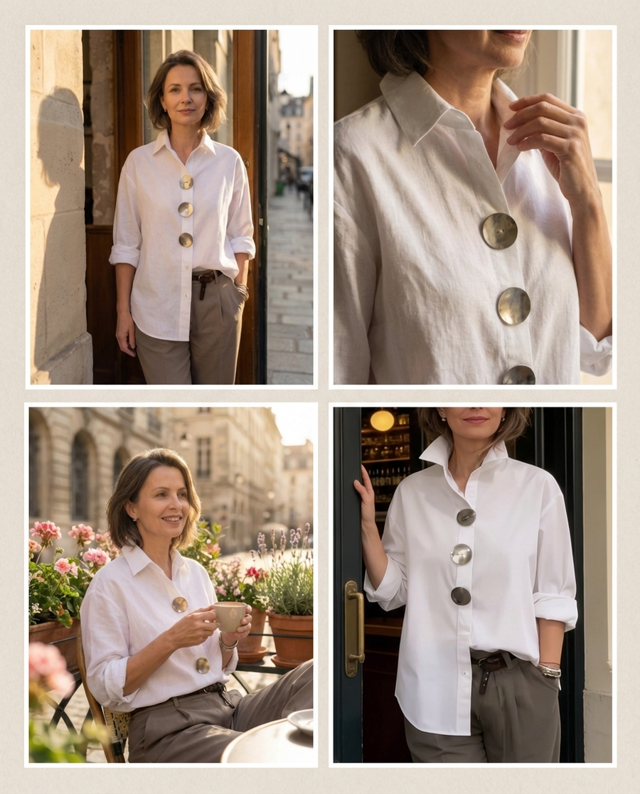 Estefanía - Elegante blusa de lino y algodón con botones metálicos